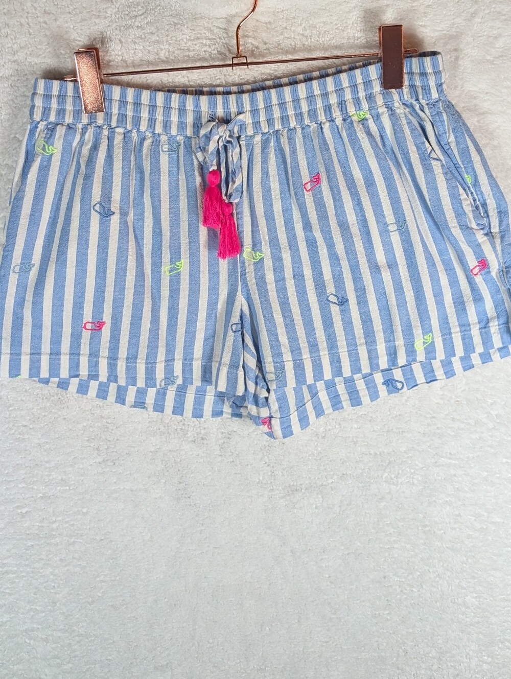 139-Vineyard Vines Blue & White Striped High Waist Shorts with Neon Tassel